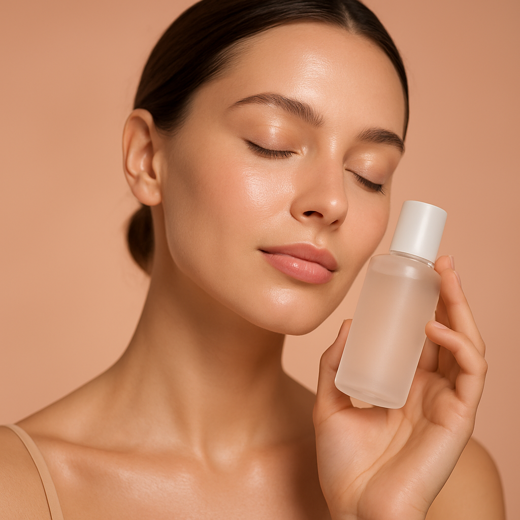 Woman with radiant glowing skin holding a peptide vial